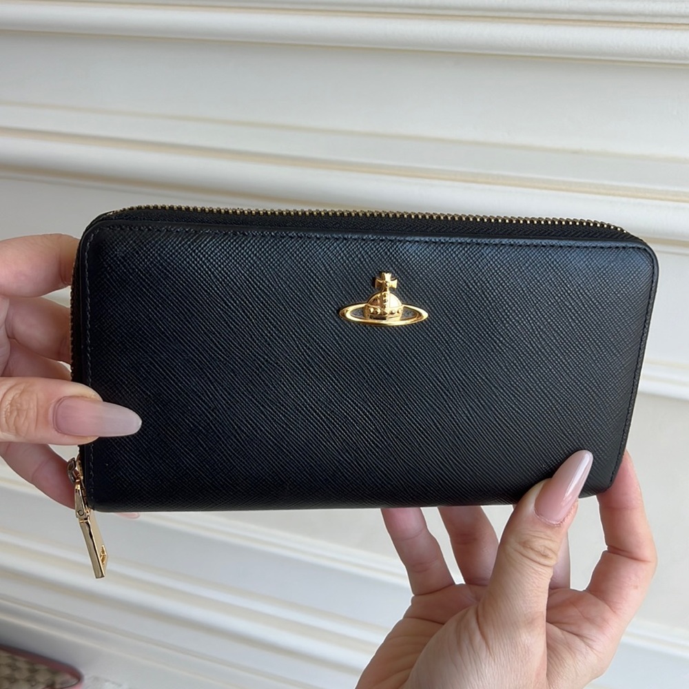 Vivienne Westwood Black Saffiano Zip-Around Wallet with Gold Orb
